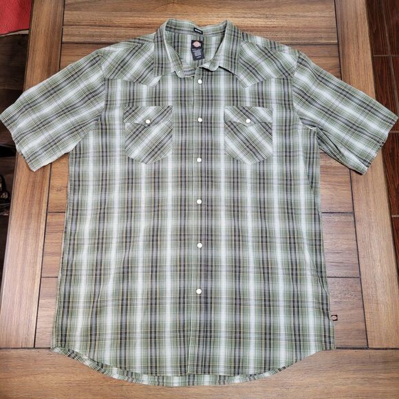 Dickies SS Full Button Pearl Snap Shirt Dark Green - Size Large Relaxed Fit - Picture 1 of 5